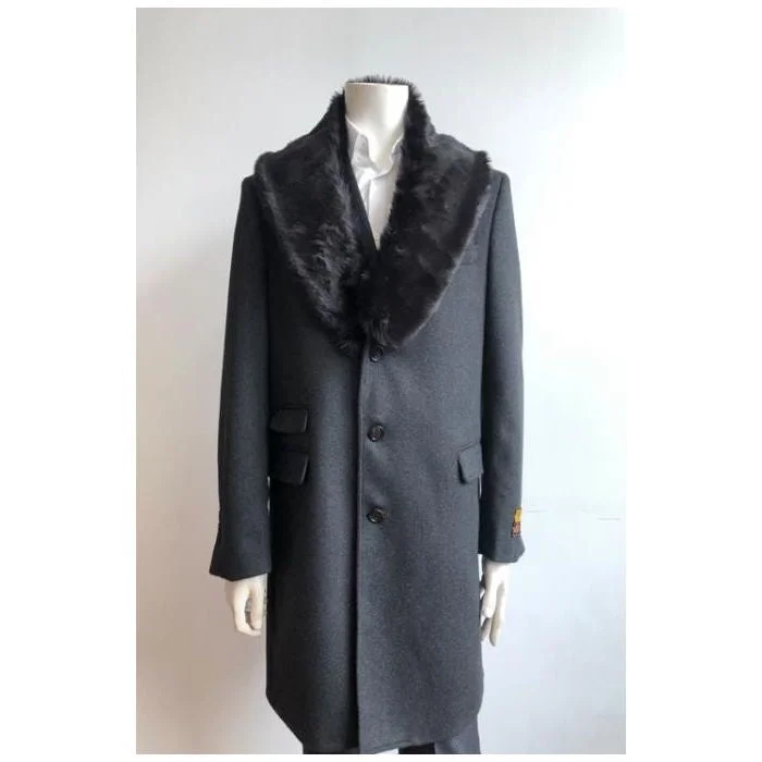 Casual Fashion Mens Three Quarter Overcoat With Fur Collar Charcoal Coat