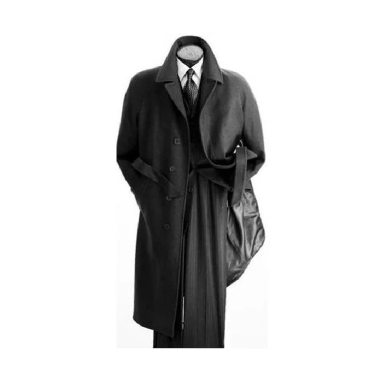 Light Jackets Mens Full Length Wool Overcoat Belted Charcoal Grey