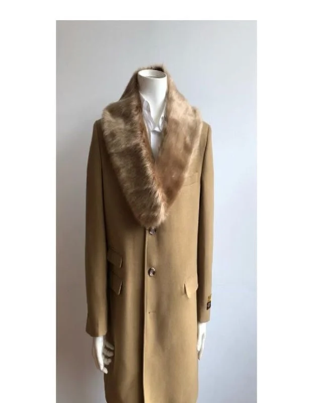 Smart Designs Wool Three Quarter Ticket Pocket Fur Collar Camel Overcoat