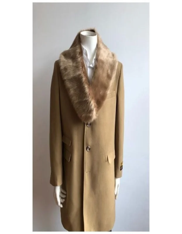 Soft Tees Mens Wool Peacoat ~ Carcoat ~ Overcoat With Fur Collar Camel