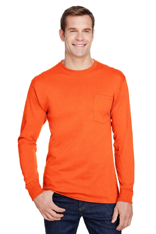 Trench Coats Hanes Mens Workwear UPF 50+ Long Sleeve Crewneck T-Shirt w/ Pocket - Safety Orange