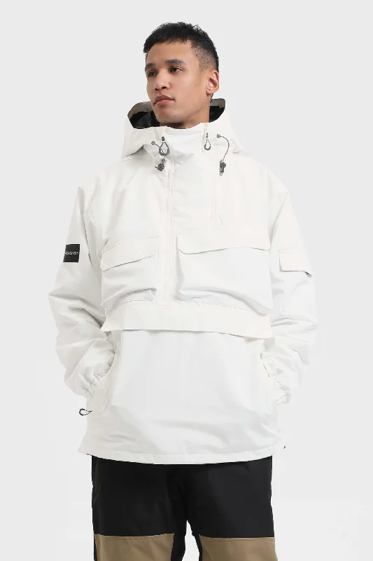 Fashion Layers Men's White Asymmetrical Kangaroo Pocket Waterproof Insulated Snow Anoraks