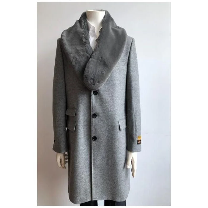 All-Season Jackets Mens Wool Three Quarter Peacoat Carcoat  Overcoat With Fur Collar LT Gray