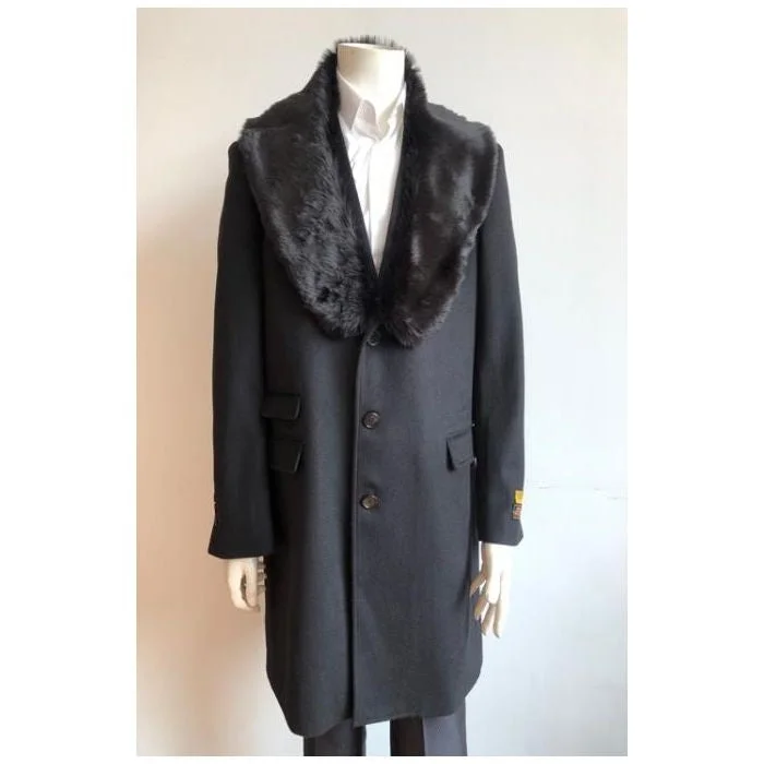 Cool Gear Mens Three Quater Ticket Pocket Wool Peacoat ~ Carcoat ~ Overcoat With Fur Collar Black