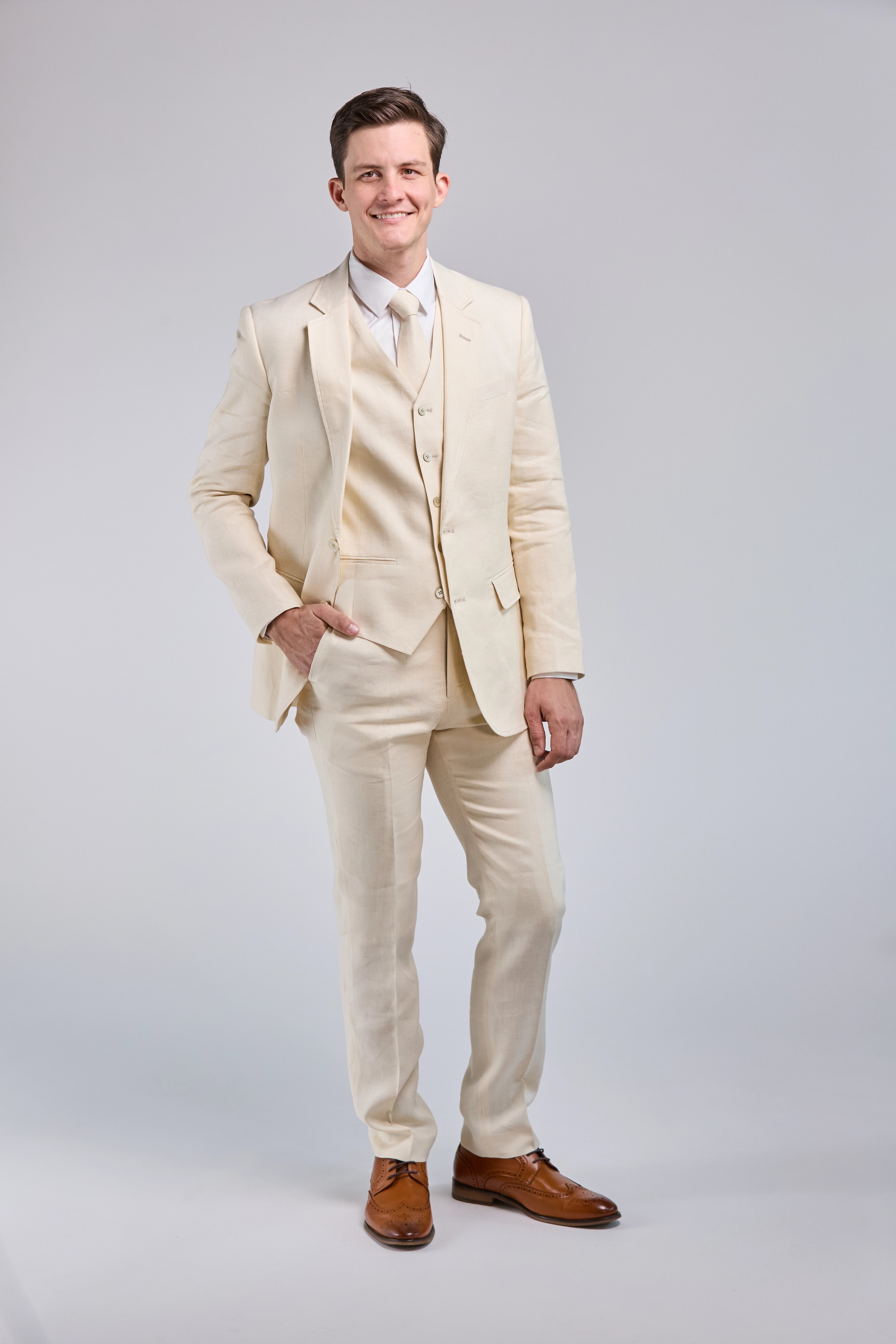 Relaxed Denim Cream Linen 3 Piece Suit