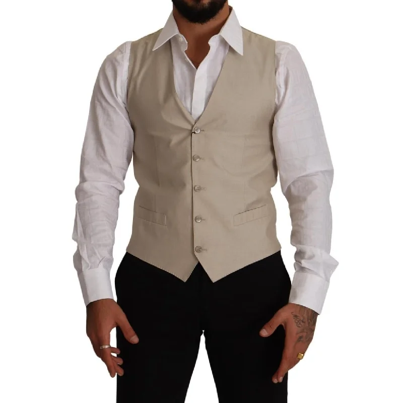 Relaxed Shirts Dolce & Gabbana Beige Cotton Silk Formal Dress Men's Vest