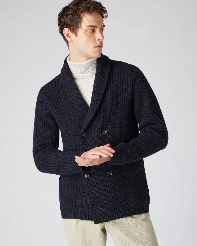 Suede Jackets Men's Double Breasted Cashmere Cardigan Navy Blue