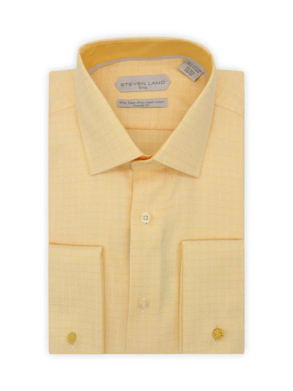 Fashionable Hoodies Steven Land Mens Yellow Check Classic Fit 100% Cotton French Cuff Dress Shirt