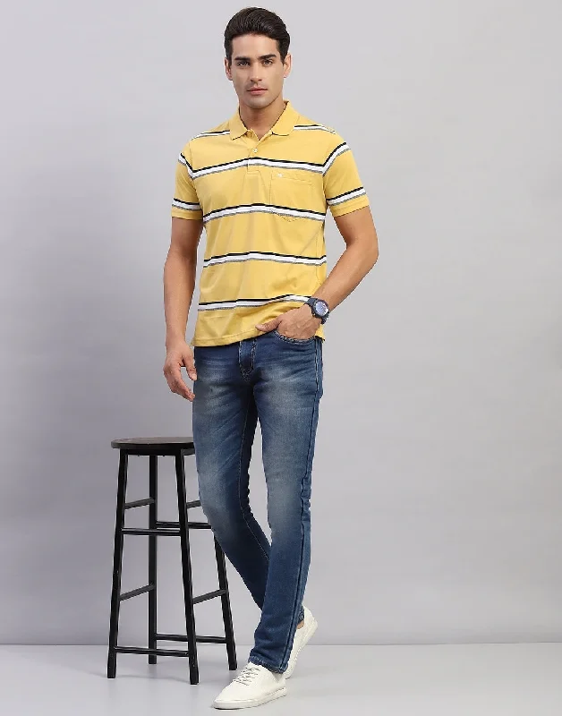 Sporty Blazers Men Yellow Stripe Polo Collar Half Sleeve T-Shirt