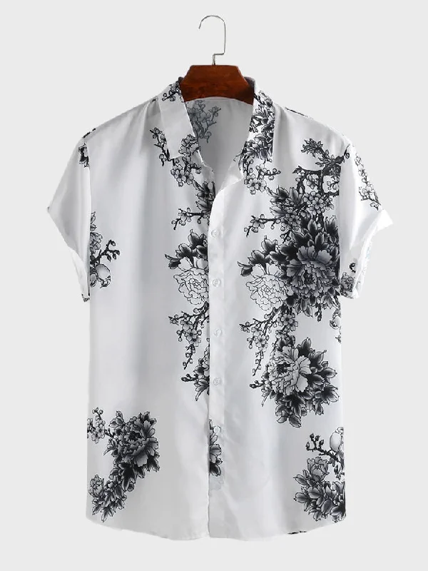 Leather Sneakers Ink Blossom Print Beach Shirt Set for Men