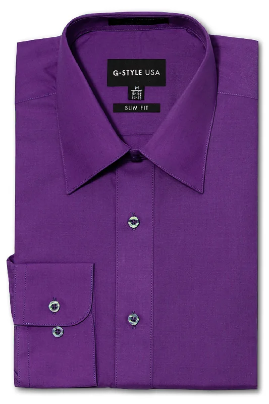 Trendy Joggers Men's Slim Fit Solid Color Dress Shirt (Purple)