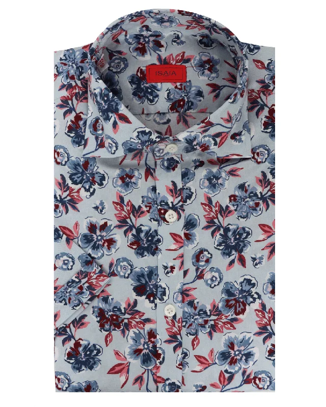 Work Boots Light Blue Floral Print Dress Shirt