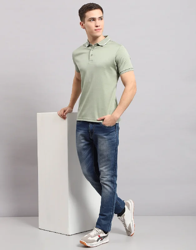 Leather Sneakers Men Olive Solid Polo Collar Half Sleeve T-Shirt