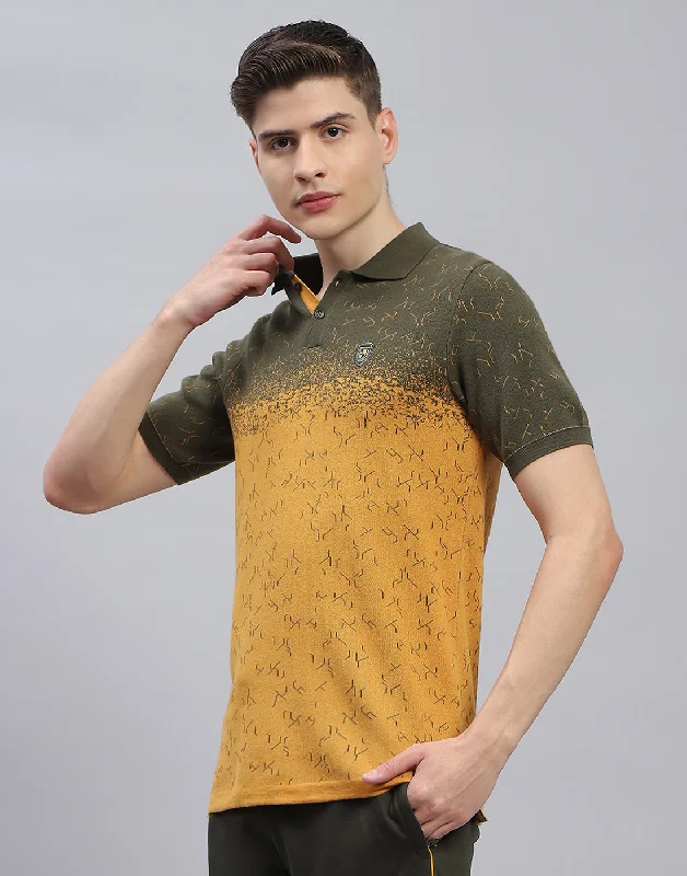 Dress Shoes Men Olive Printed Polo Collar Half Sleeve T-Shirt