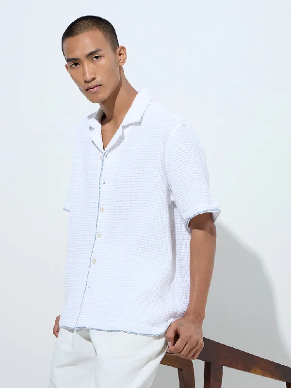 Casual Fashion ETA White Waffle-Textured Relaxed-Fit Cotton Shirt