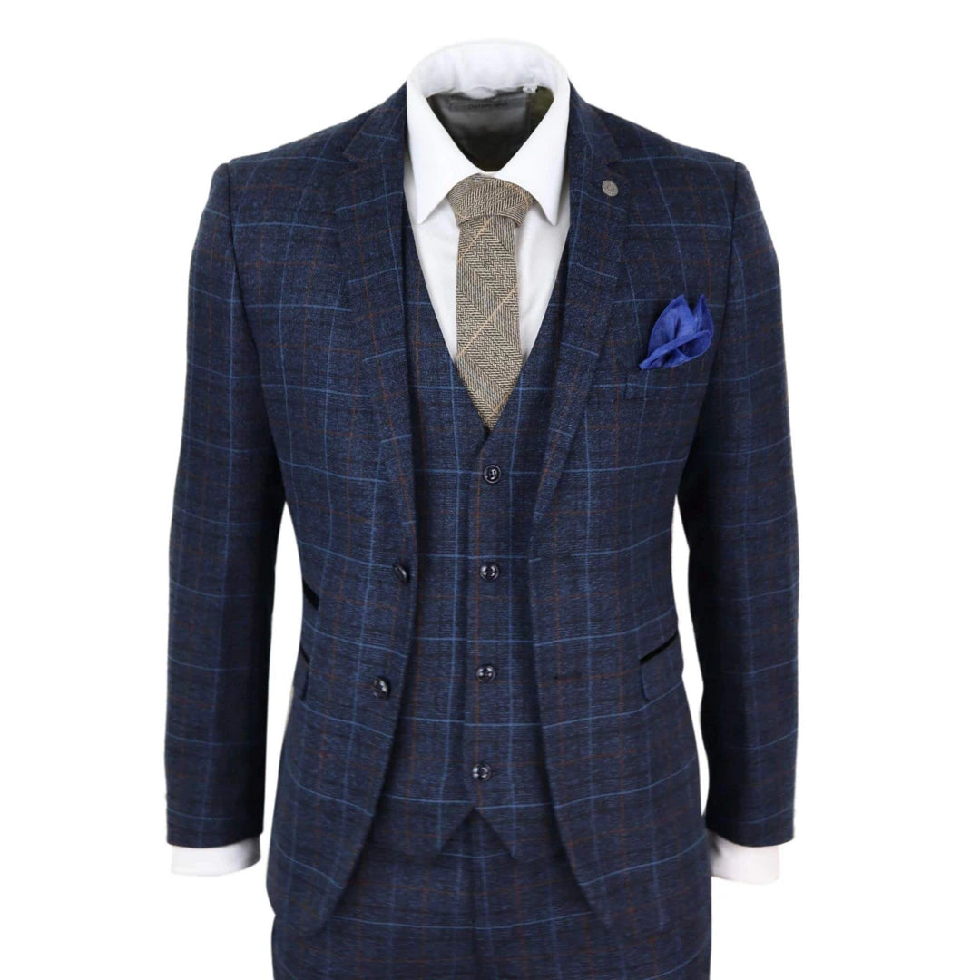 Wool Sweaters Harvey - Men's Navy Blue Tweed Check 3 Piece Wedding Suit