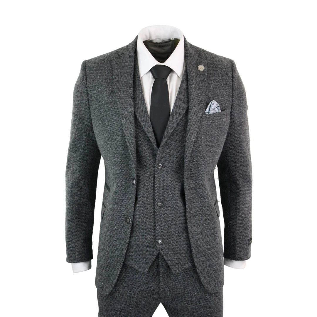 Stylish Blazers STZ11 - Men's Grey Black 3 Piece Tweed Suit Herringbone Wool