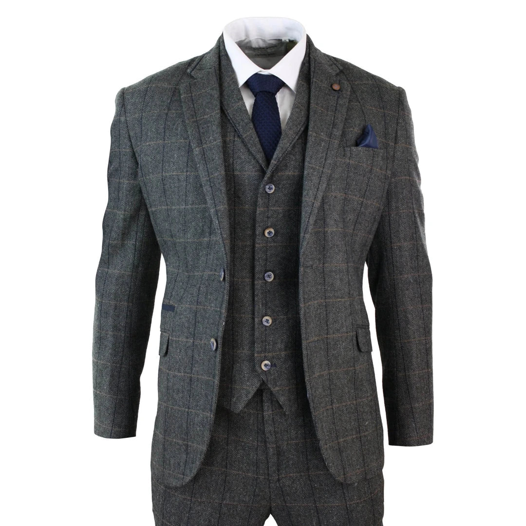 Trench Coats Albert - Men's 3 Piece Classic Tweed Herringbone Check Grey Navy Suit