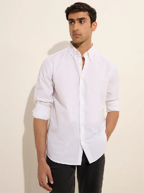 Fashion Accessories Ascot White Self-Striped Relaxed-Fit Cotton Shirt