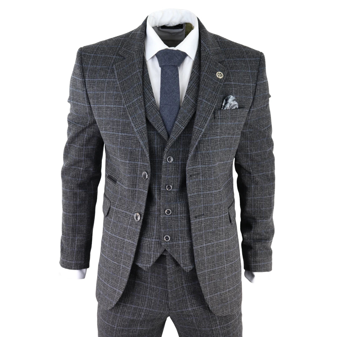 Bold Prints AK-12 - Men's Grey Tweed 3 Piece Suit Blue Check 1920s Gatsby Blinders