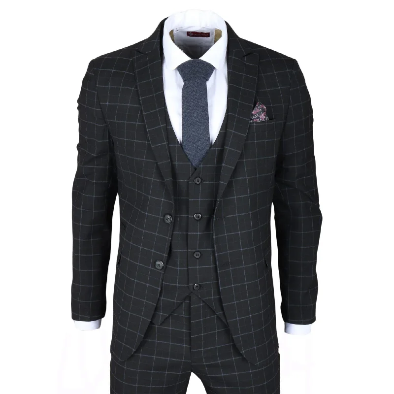 Chunky Sneakers Men's Suit Black Checked Tailored Fit 3 Piece Formal Dress