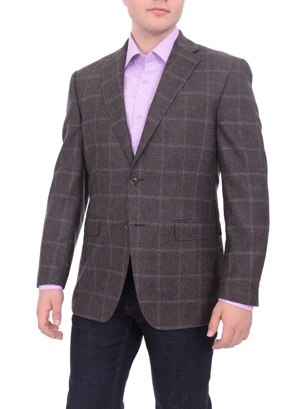 Classic Shirts I Uomo Regular Fit Men's Brown & Blue Plaid Two Button Wool Blazer Sportcoat