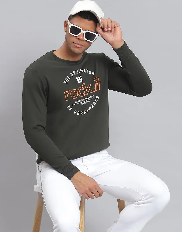 Sporty Blazers Men Olive Solid Round Neck Full Sleeve Sweatshirt