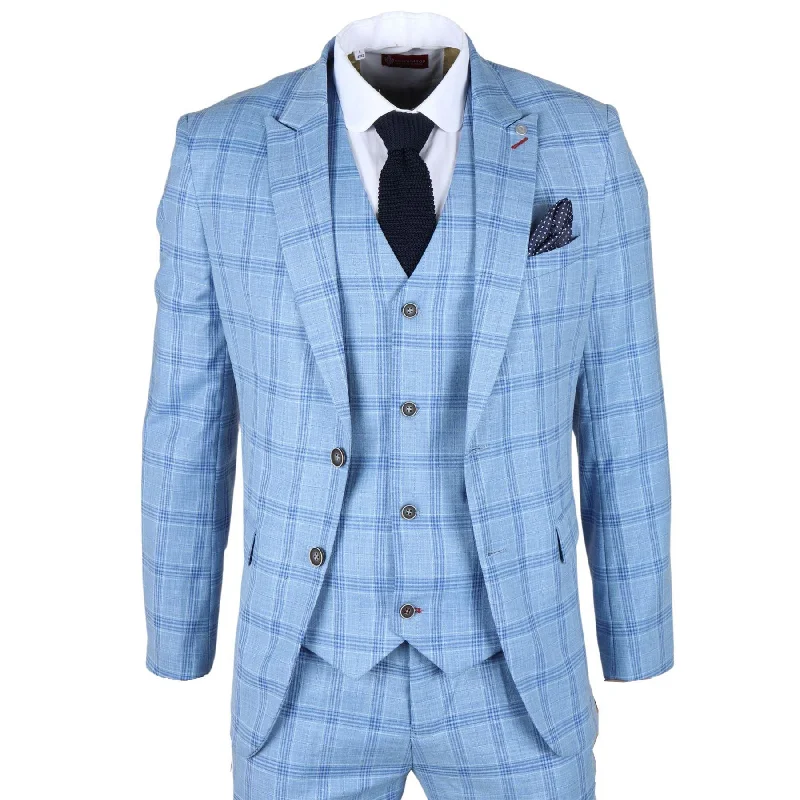 Workwear Jackets Men's Suit 3 Piece Light Blue Checked Classic Plaid Tailored Fit Formal Dress