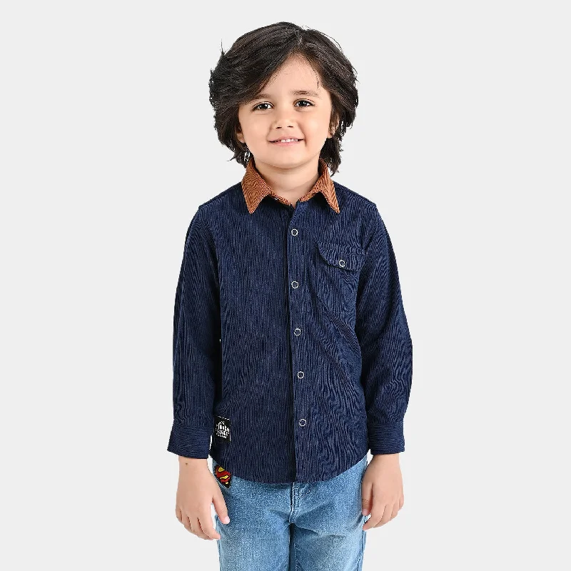 Comfortable Suits Boys Corduroy Casual Shirt F/S (Contrast Collar)-Blue