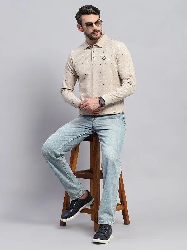 Funky T-shirts Men Beige Printed Collar Full Sleeve Sweatshirt