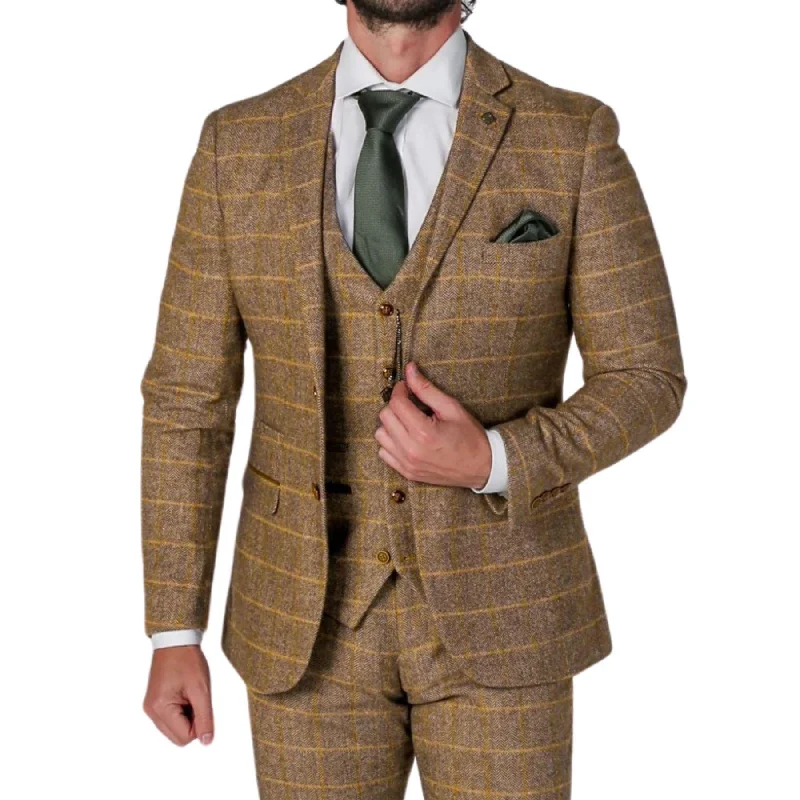 Sportswear Styles Men's Brown Suit Tweed Herringbone 3 Piece Wool Blend Formal Dress Suits