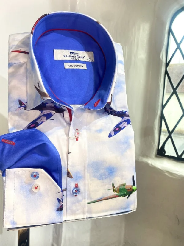 Premium Casuals LIGHT BLUE MULTI COLOURED SPITFIRE LONG SLEEVE SHIRT