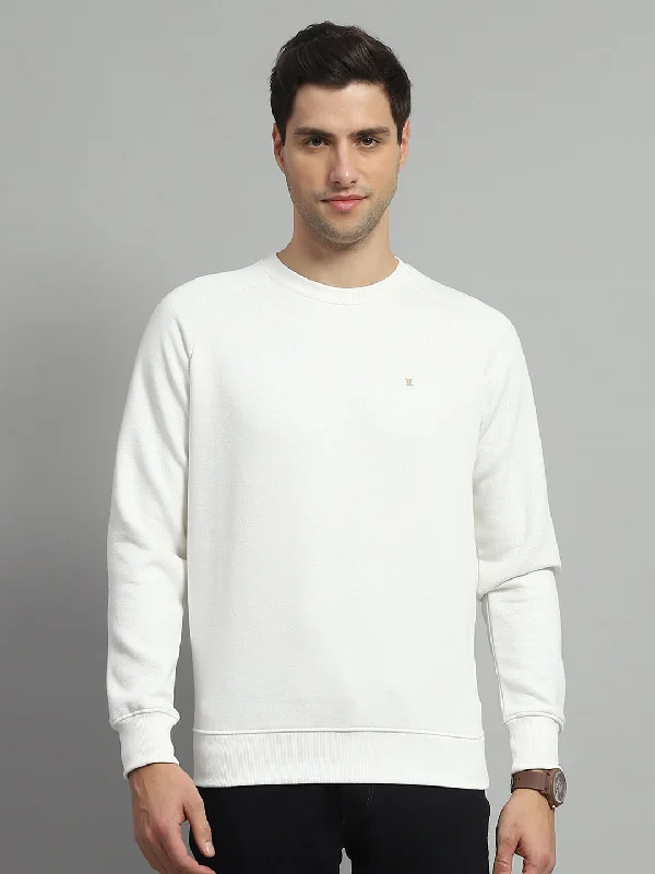 Premium Casuals Men White Solid Round Neck Full Sleeve Sweatshirt