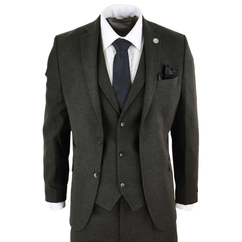 Trendy Jackets Mens Wool 3 Piece Suit Tweed Olive Green Black Tailored Fit Classic