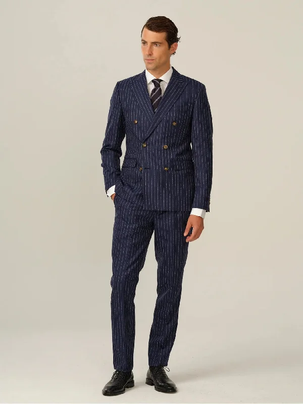 Casual Fashion Chalk Stripe Italian Wool Double Breasted Peak Suit - Blue