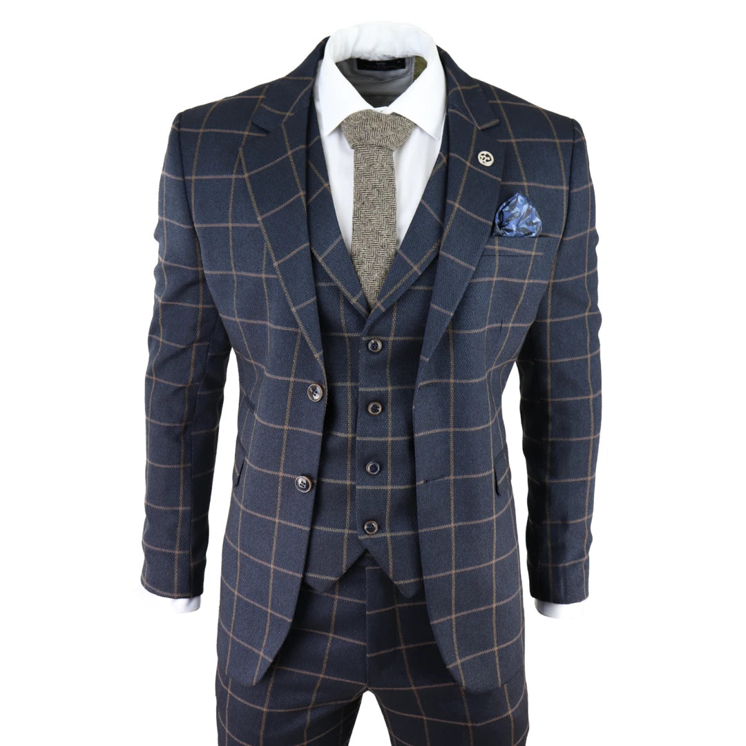 Relaxed Denim Kempson - Men's Herringbone Tweed Navy Check 3 Piece Wool Suit