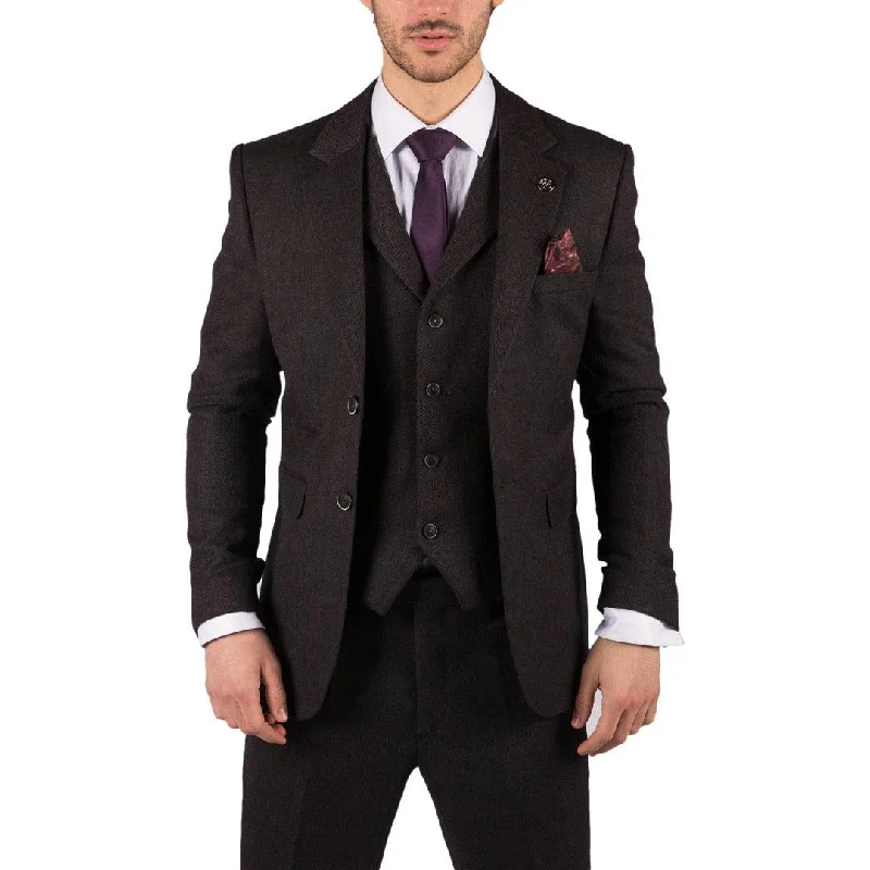 Fashion Jackets Mens Herringbone Tweed 3 Piece Suit Purple Plum Tailored 1920s Vintage Blinders