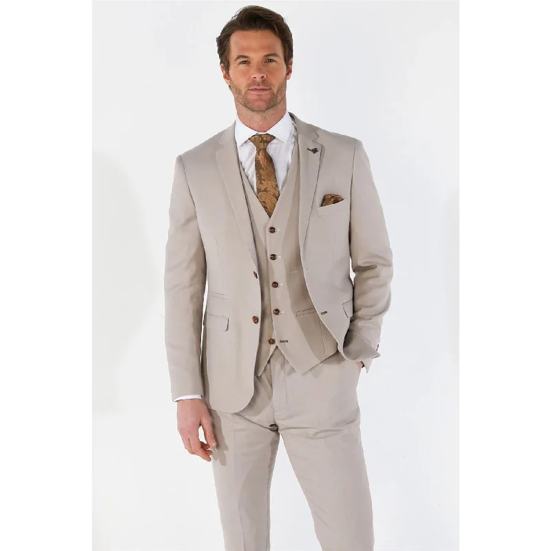 Casual Blazers Men's Suit 3 Piece Beige Classic Birdseye Summer Wedding