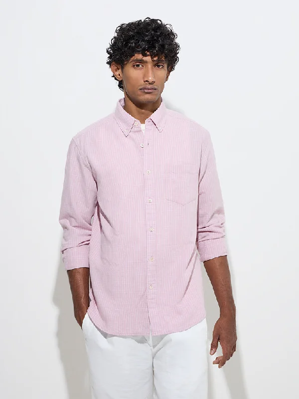 Sporty Jackets WES Casuals Pink Checks Design Relaxed-Fit Cotton Shirt