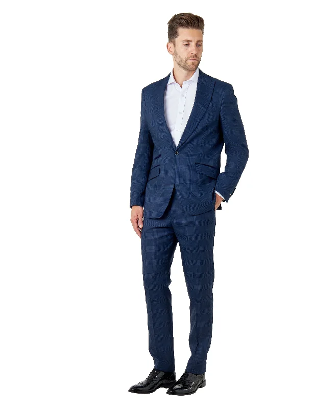 Trendy Hoodies EKON - Navy Prince of Wales Check Suit Tailored Fit