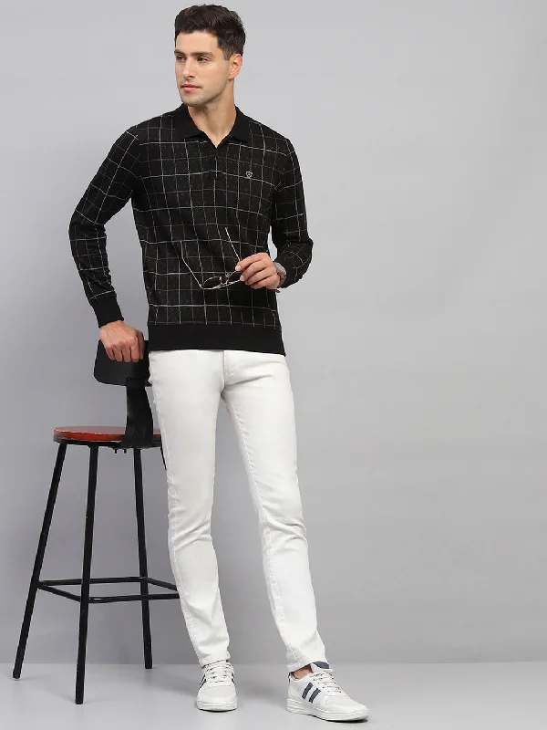 Casual Suits Men Black Check Polo Collar Full Sleeve Sweatshirt