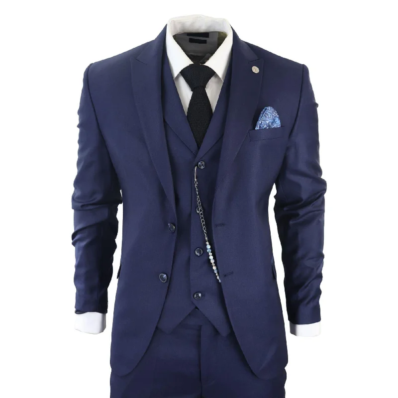 Slim-fit Trousers Mens Classic 3 Piece Suit Navy Blue Pocket Chain Wedding Tailored Fit Vintage Formal