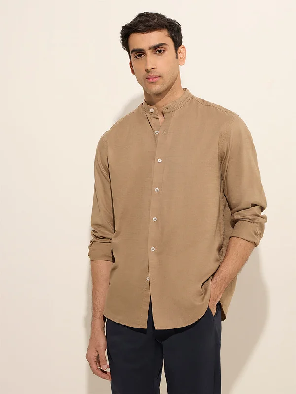 Sporty Sweatshirts Ascot Brown Solid Relaxed-Fit Cotton Shirt