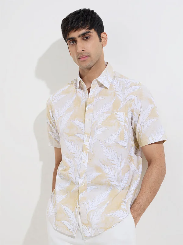 Comfortable Suits WES Casuals Yellow Leaf Patterned Relaxed-Fit Cotton Shirt