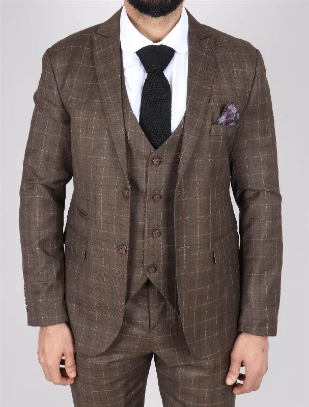 Bomber Jackets Men's Brown Suit Prince Of Wales Check Tailored Fit 3 Piece Formal Dress