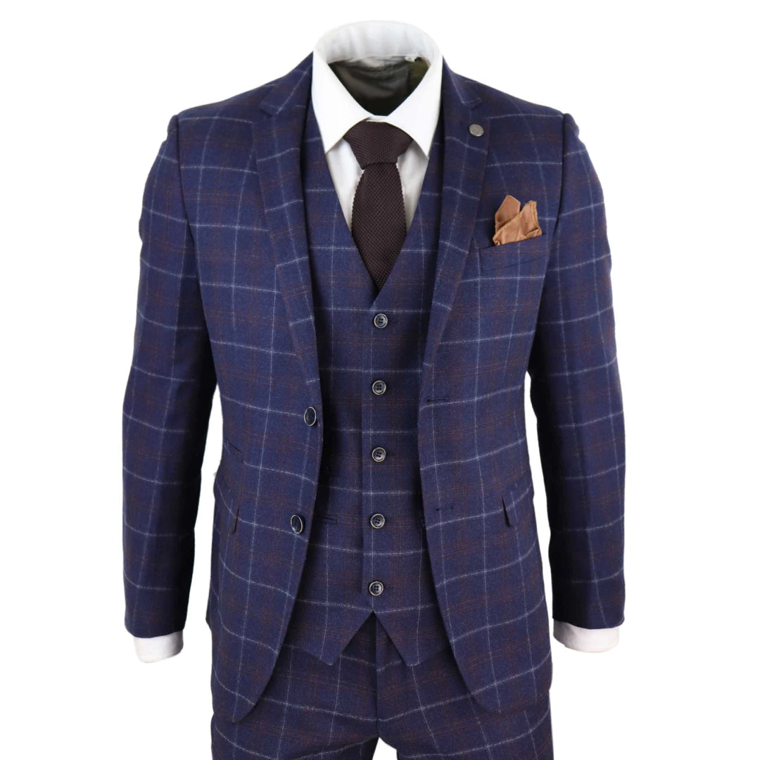 Printed Jackets Kenneth - Men's 3 Piece Blue Suit Herringbone Tweed Check 1920s Wedding Prom