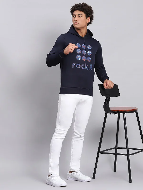 Workwear Jackets Men Navy Blue Printed Hooded Full Sleeve Sweatshirt