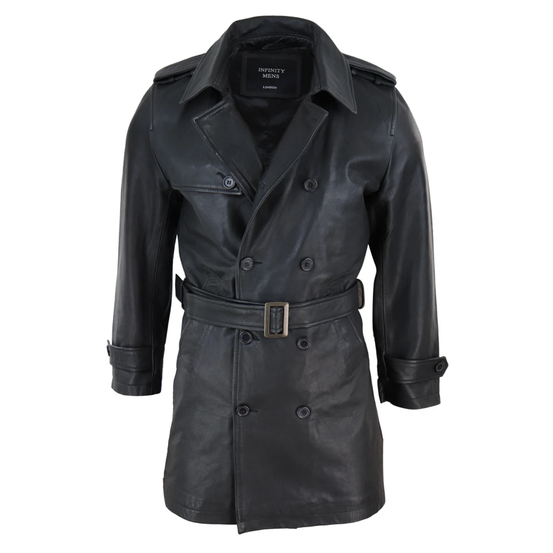 Sporty Bottoms Men's Black 3/4 Trench Coat Leather Belted Jacket Classic Soft Napa Classic