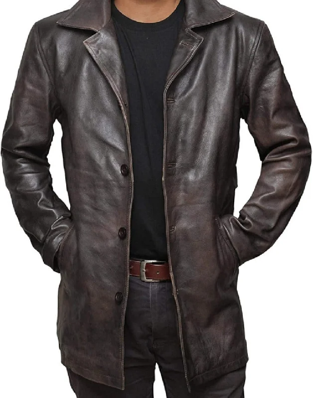 Relaxed Jeans Short Leather Trench Coat Mens