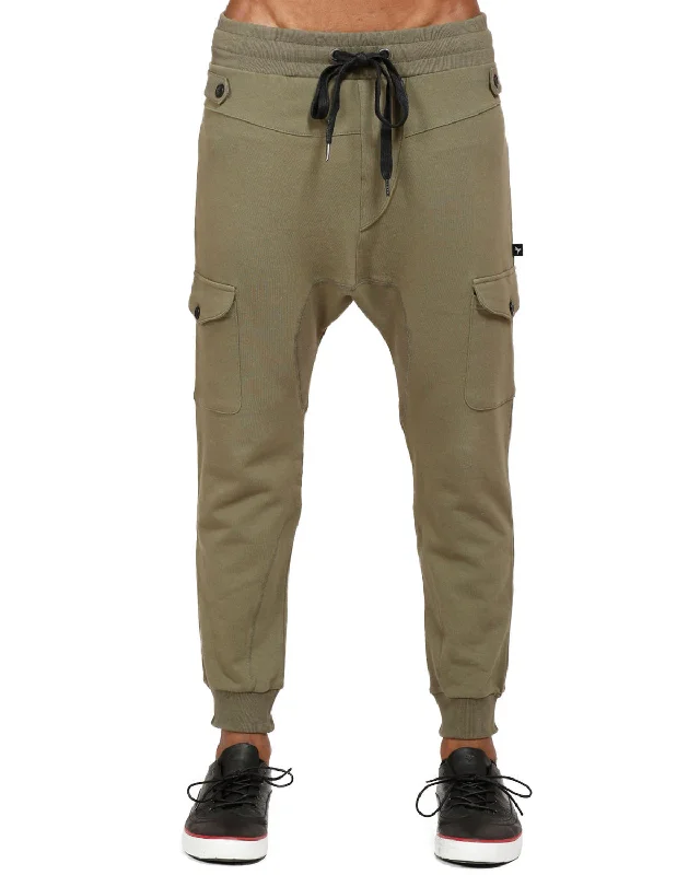 Military Jackets Men's Drop Crotch Cargo Pockets Sweatpants in Olive